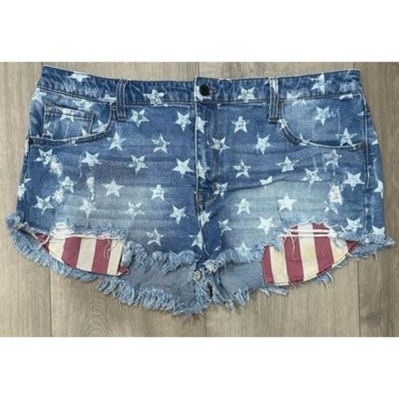 Mossimo Supply Sz 18/34 American Flag High Rise Shorts Cut Off Denim Distressed - Picture 1 of 5